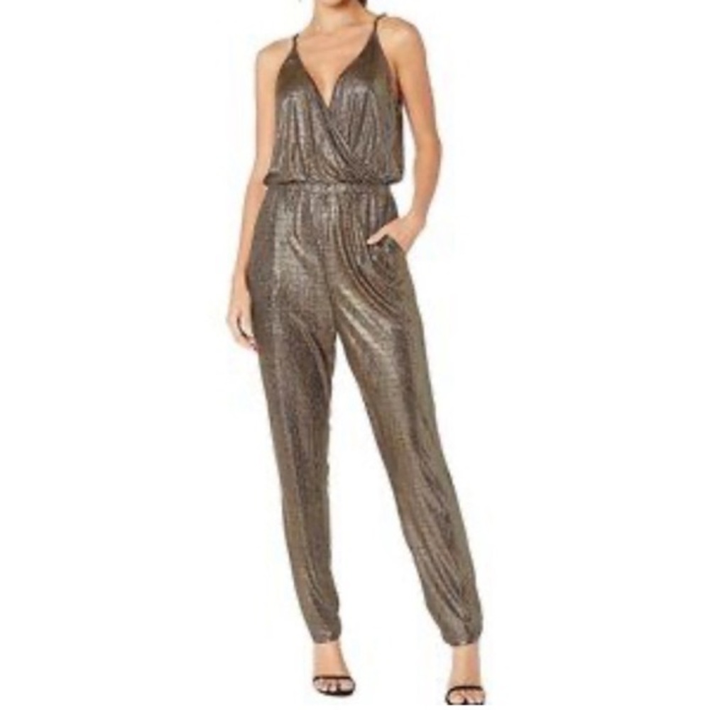 bishop and young polyester gold metallic jumpsuit, size small.